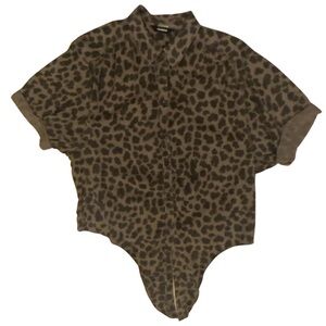 Express Black & Brown Leopard Print Short Sleeve Front Tie Top Small